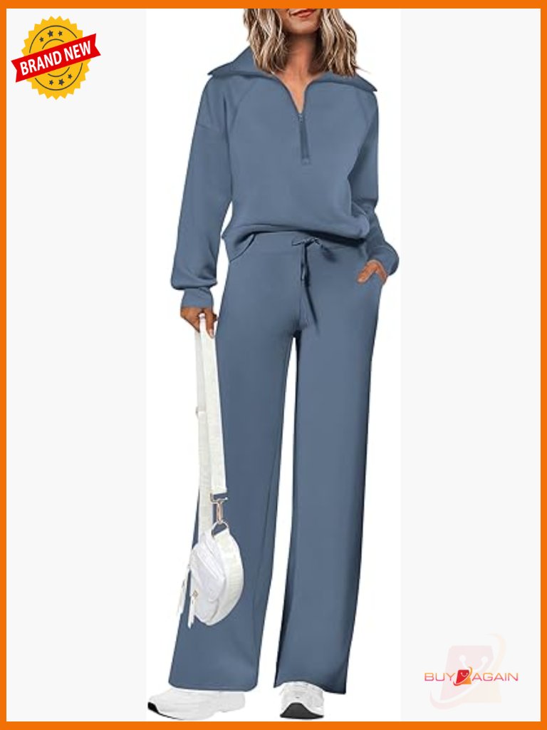 Casual 2 Piece Tracksuit Set Half Zip Sweatshirt Wide Leg Pants Loungewear